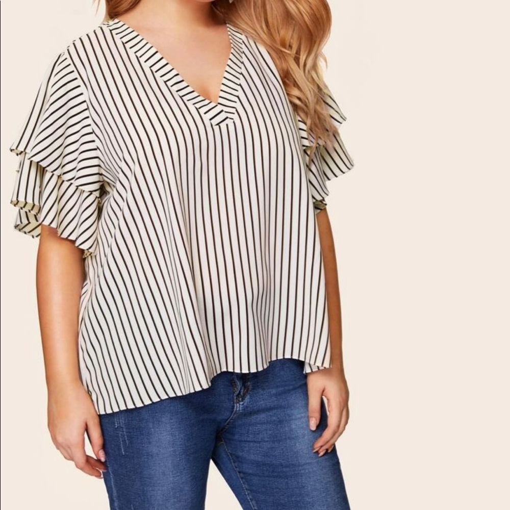 SHEIN Plus V-Neck Two Layers Sleeve Striped Top
